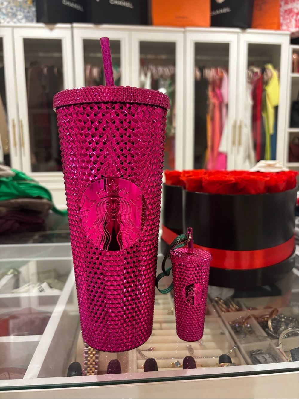 Starbucks Hot Pink Studded Tumbler with Matching Keychain